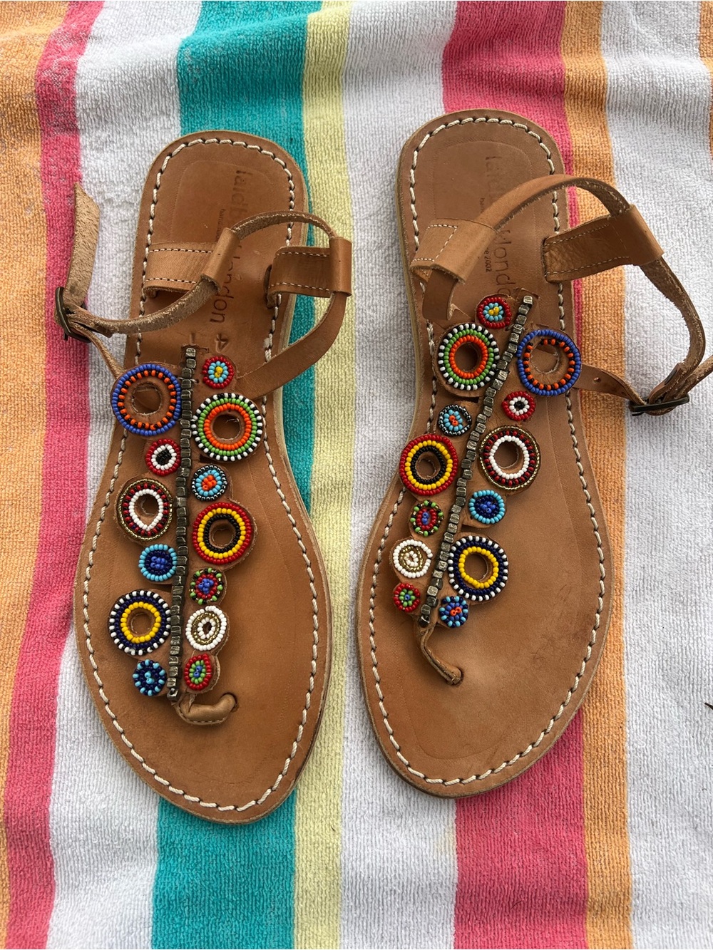 Brown Leather Beaded T-Strap Sandals - Multicolor Embellished